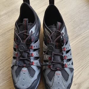 Merrell Gray and Black Athletic Shoes with Red Highlights